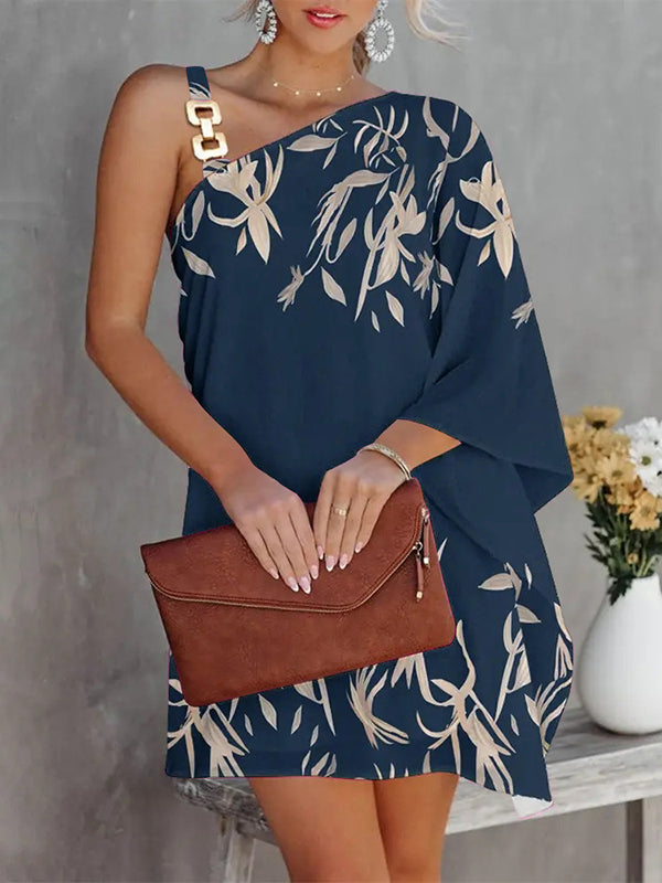 Olivia Bennet | Batwing Sleeves Loose Color-Block Hollow Printed One-shoulder Mini Dresses Short Dresses