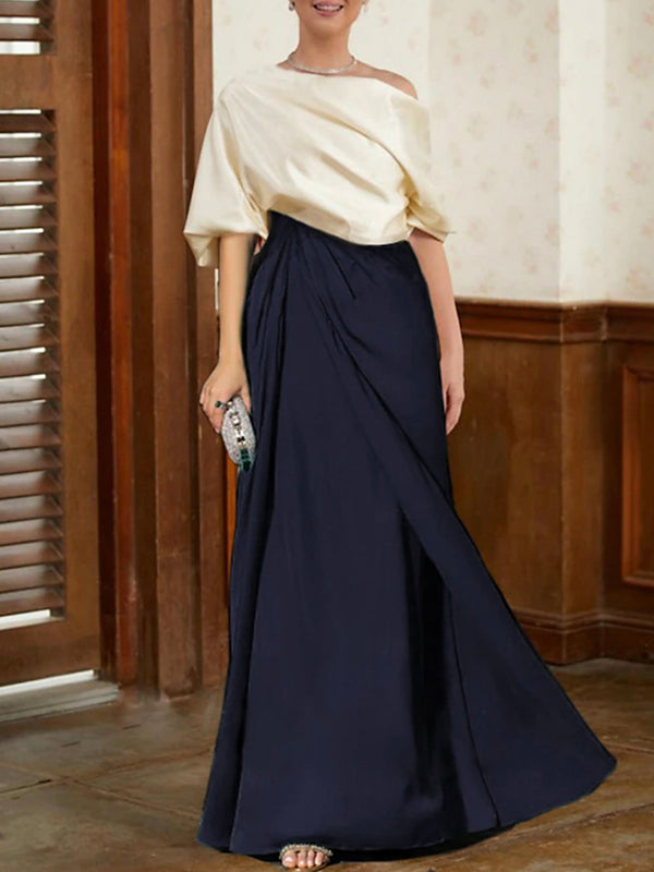 Olivia Bennet | Half Sleeves Loose Asymmetric Contrast Color Pleated Split-Joint One-Shoulder Evening Dresses Maxi Dresses