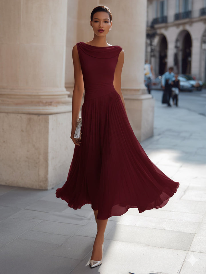 Olivia Bennet | Draped Neck Sleeveless Pleated Midi Dress