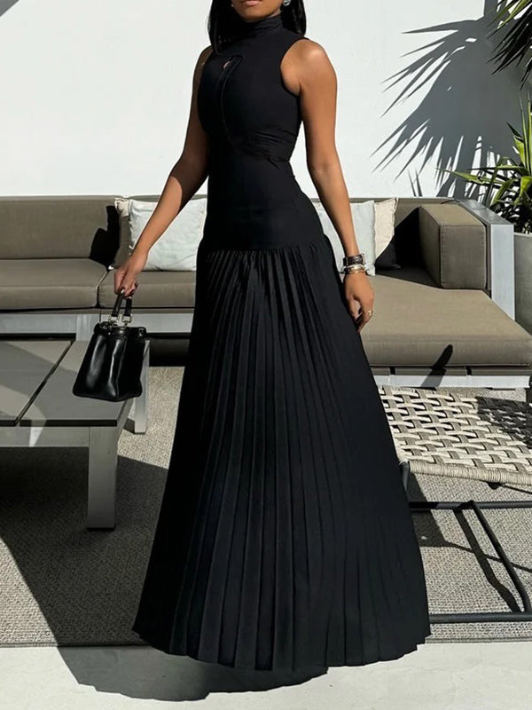 Olivia Bennet | Bodycon Sleeveless Hollow Pleated Solid Color Split-Joint Mock Neck Maxi Dresses