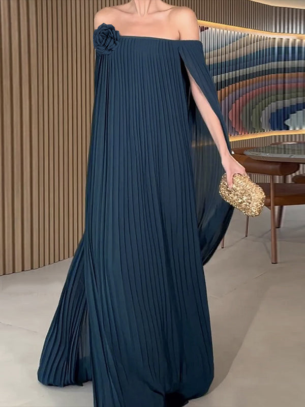 Olivia Bennet | Loose Gauze Pleated Solid Color Tiered Off-The-Shoulder Evening Dresses Maxi Dresses