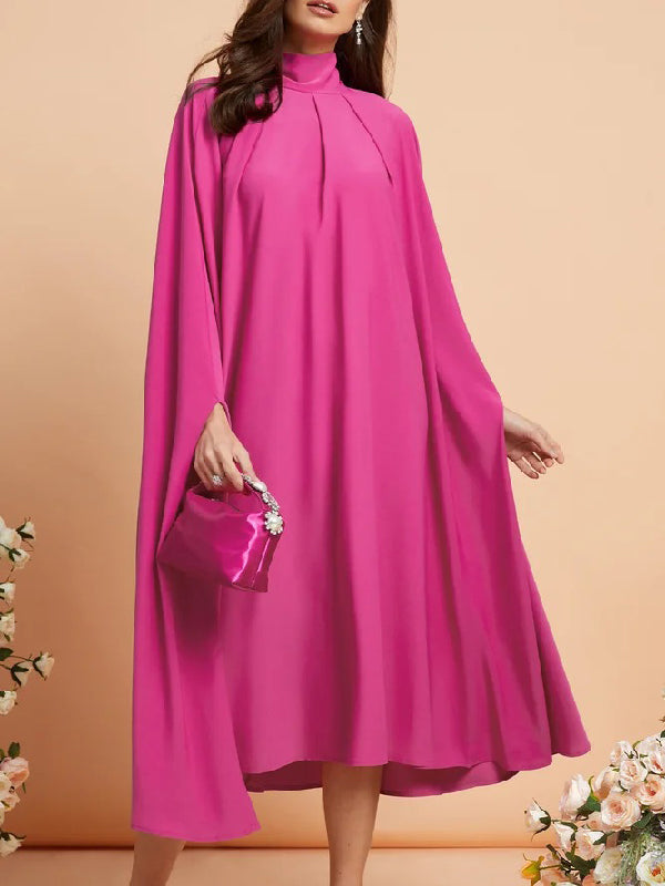 Olivia Bennet | Simple Batwing Sleeves Lace-Up Solid Color High-Neck Midi Dresses