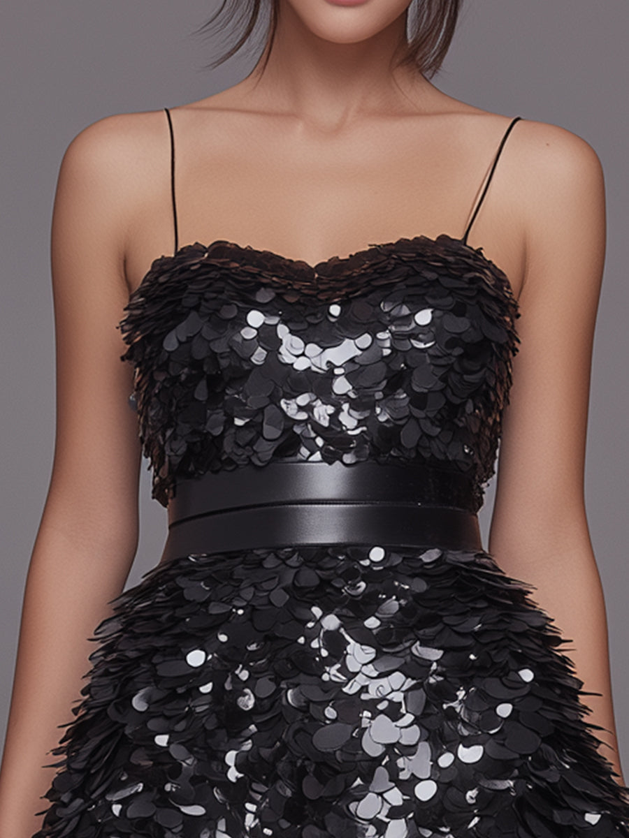 Olivia Bennet | Champagne Layered Petal Spaghetti-Strap Sequined Mini Dress