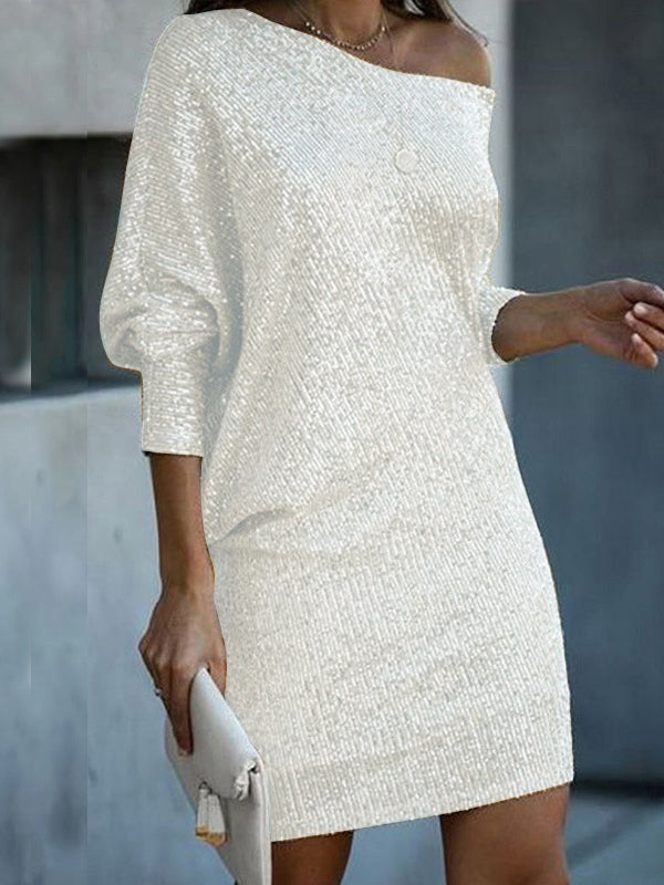 Olivia Bennet | A-Line Loose Asymmetric Sequined Solid Color One-Shoulder Mini Dresses