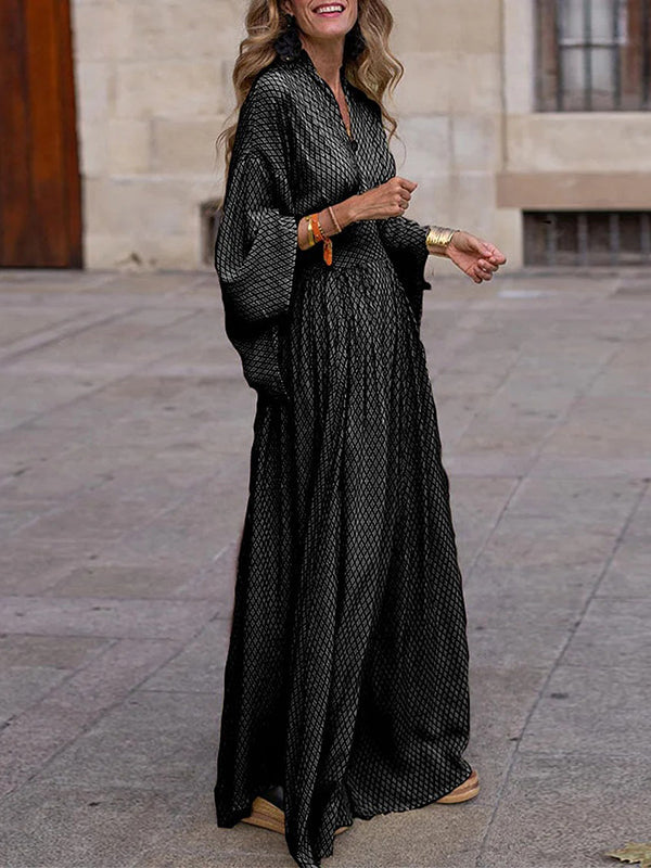 Olivia Bennet | Raglan Sleeve Pleated Split-Joint V-Neck Maxi Dresses