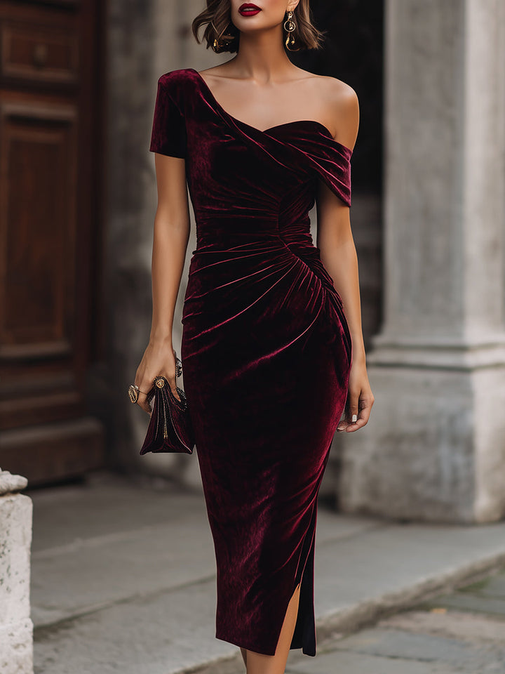 Olivia Bennet | Midnight Asymmetrical Velvet Midi Dress