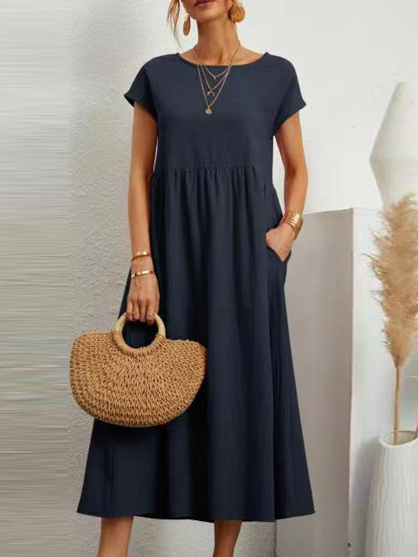 Olivia Bennet | Loose Short Sleeves Pleated Solid Color Round-Neck Midi Dresses
