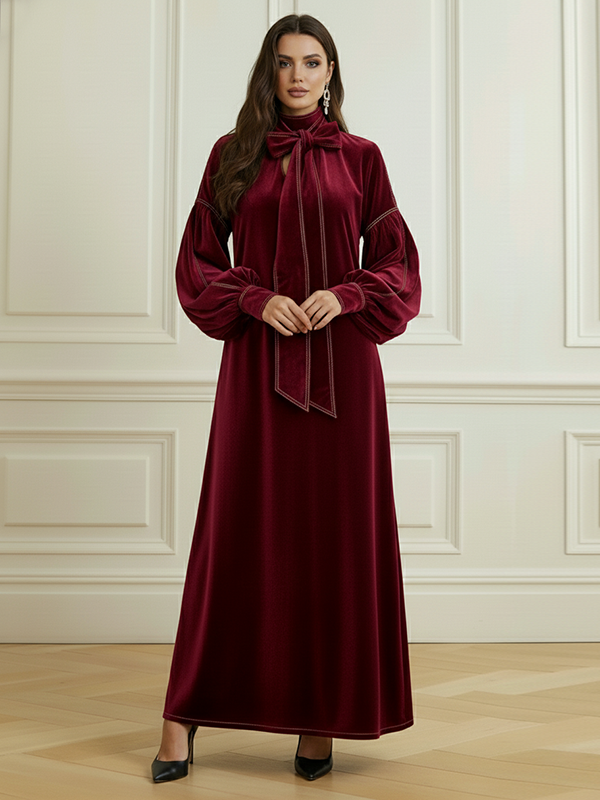Olivia Bennet | A-Line Long Sleeves Bow-Embellished Pleated Solid Color Split-Joint High Neck Maxi Dresses