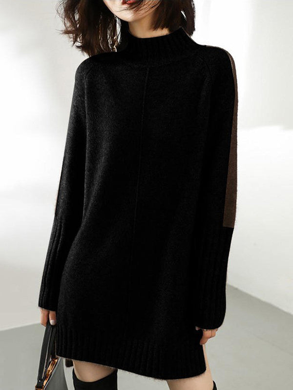 Olivia Bennet | Loose Long Sleeves Contrast Color Half Turtleneck Sweater Dresses
