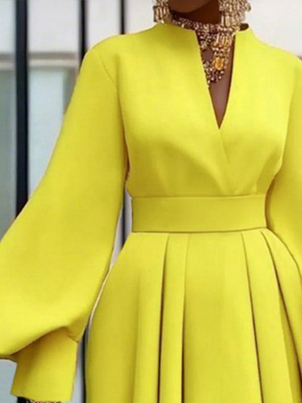 Olivia Bennet | A-Line Long Sleeves Pleated Solid Color V-Neck Mini Dresses