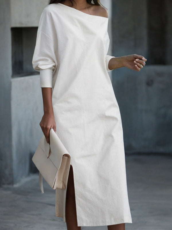 Olivia Bennet | Long Sleeves Loose Solid Color Split-Side One-Shoulder Midi Dresses