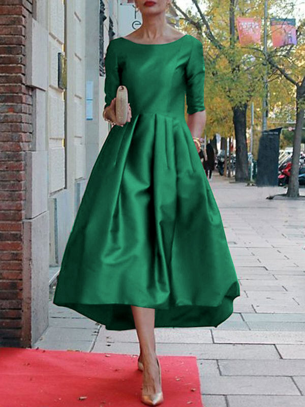 Olivia Bennet | A-Line Loose Pleated Pockets Solid Color Split-Joint Round-Neck Midi Dresses