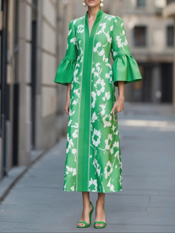 Olivia Bennet | Flared Sleeves Loose Flower Print Pleated Pockets Split-Side V-Neck Maxi Dresses
