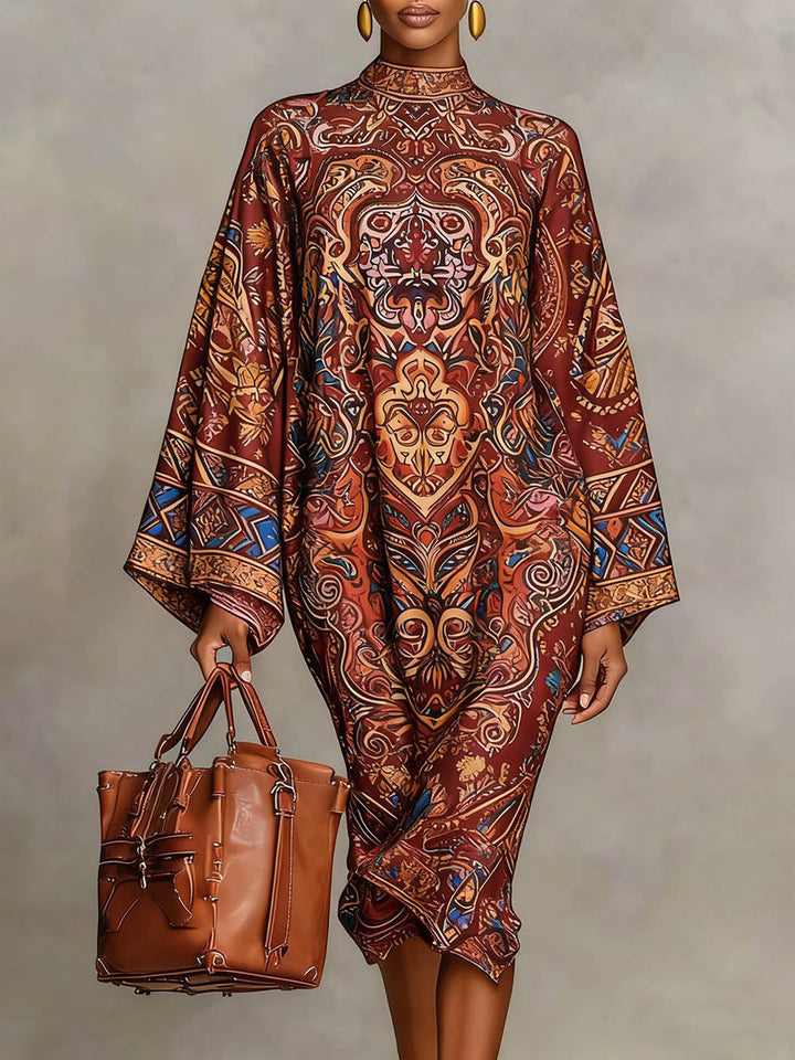 Olivia Bennet | Long Sleeves Loose Contrast Color Printed Mock Neck Midi Dresses