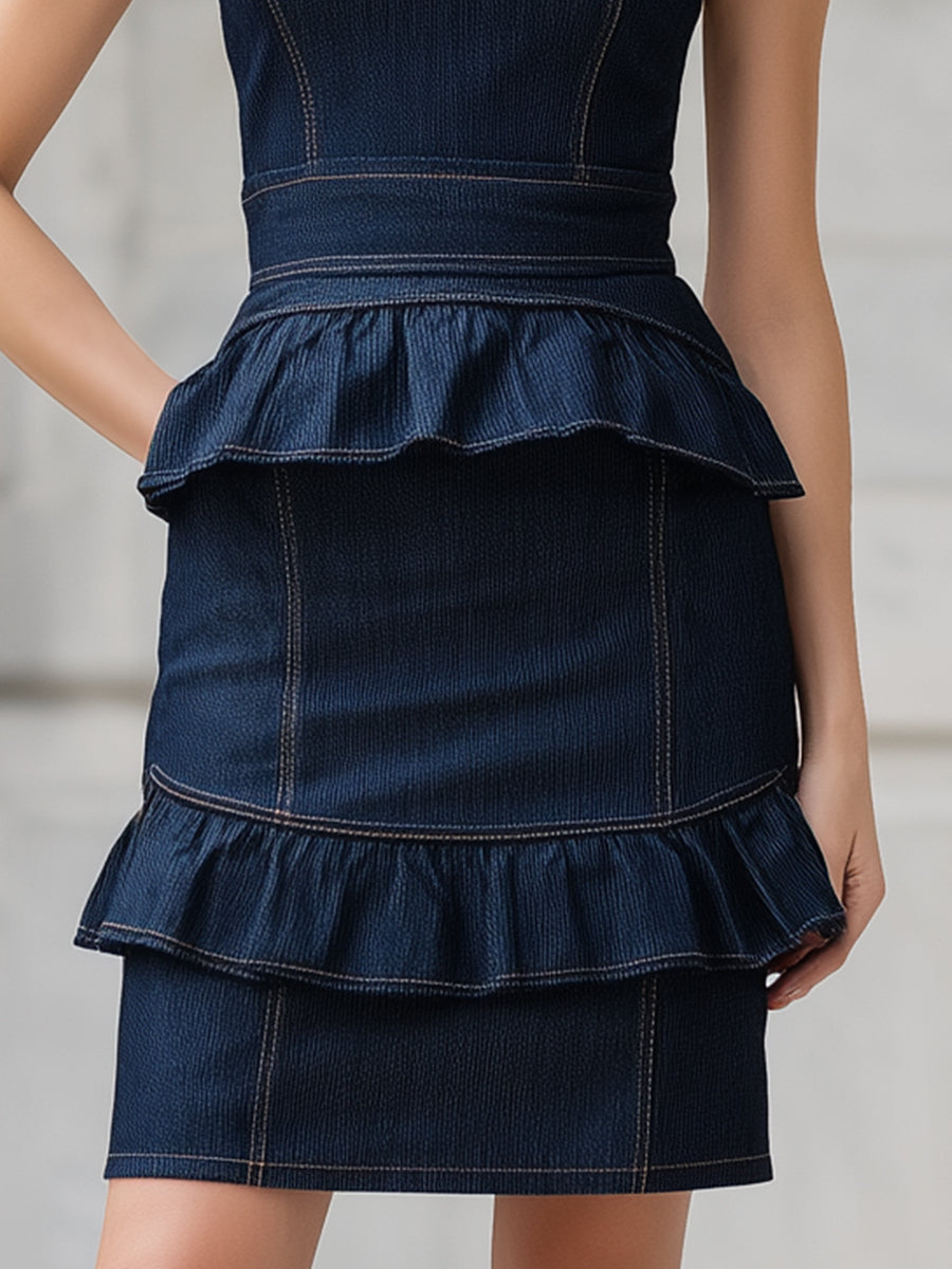 Olivia Bennet | Indigo Structured Ruffled Peplum Denim Dress