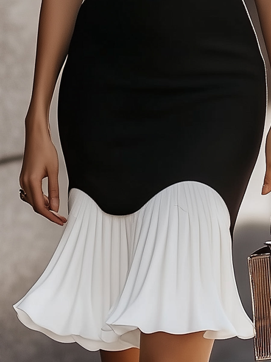 Olivia Bennet | Black and White High-Neck Midi Crepe Dress