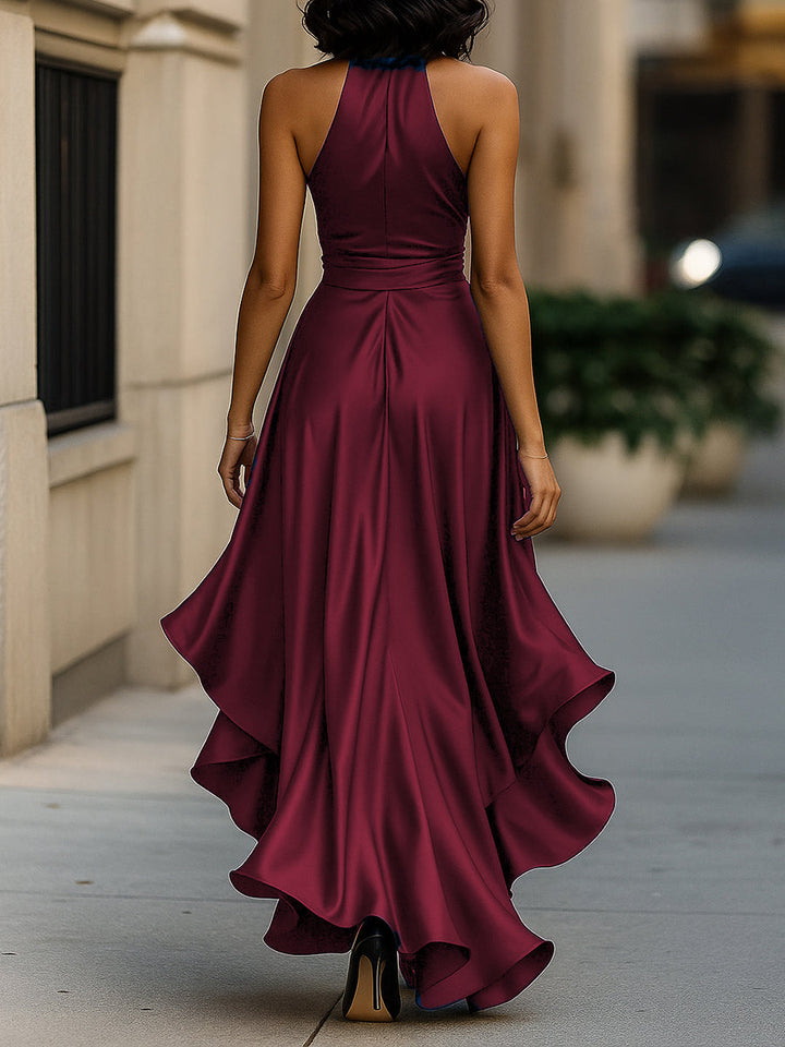 Olivia Bennet | Midnight Elegance Satin Halter Ruffle Gown