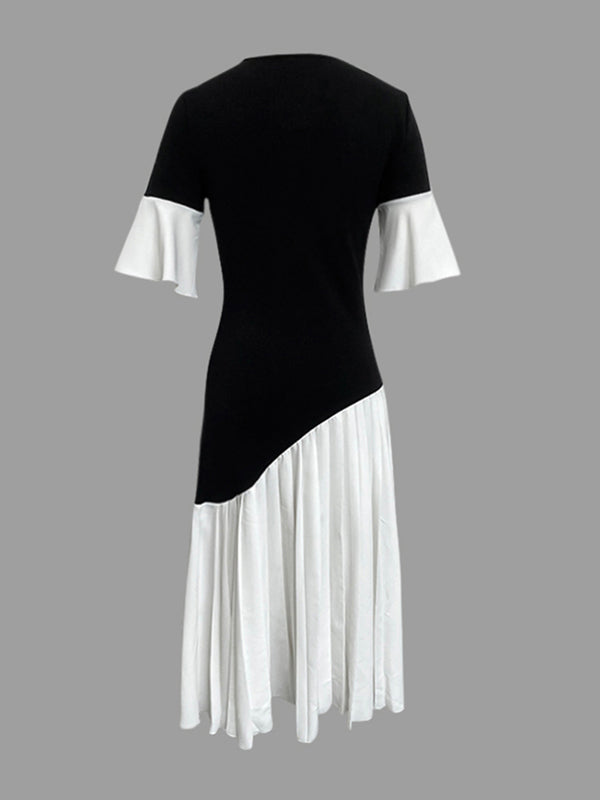 Olivia Bennet | Flared Sleeves Half Sleeves Pleated Split-Joint Round-Neck Midi Dresses