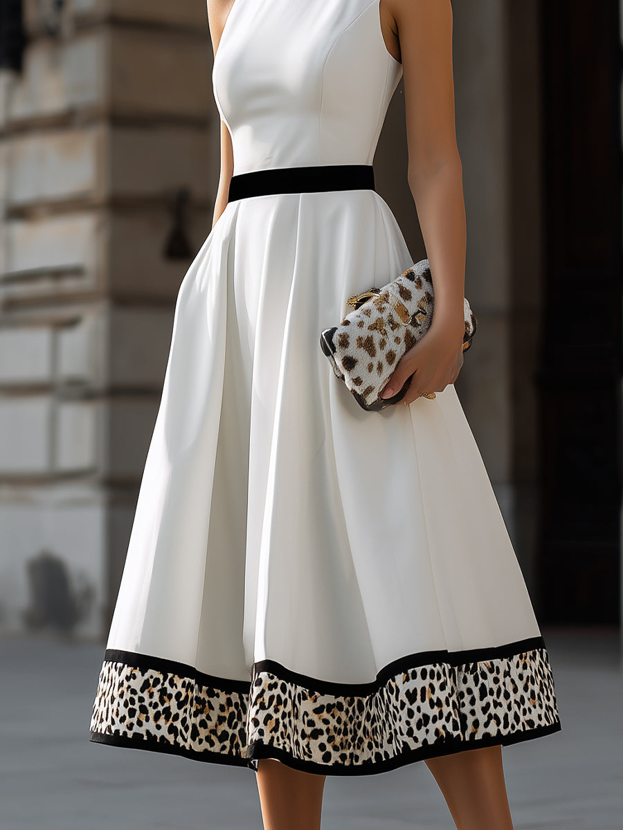 Olivia Bennet | Contrast Waist Leopard Hem A-Line Midi Dress