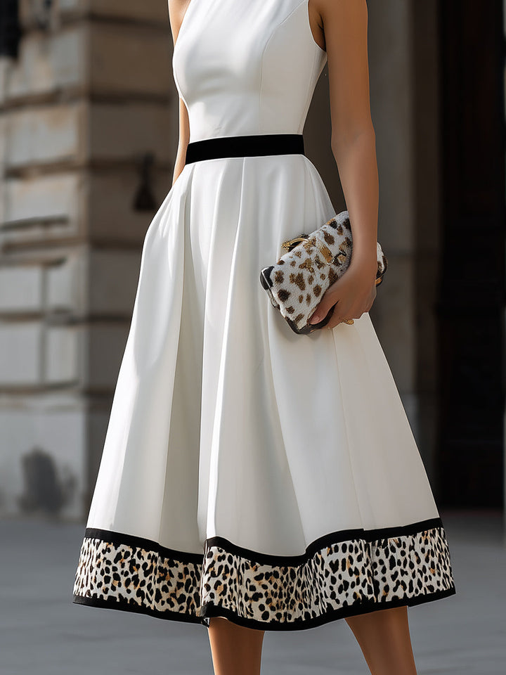 Olivia Bennet | Contrast Waist Leopard Hem A-Line Midi Dress