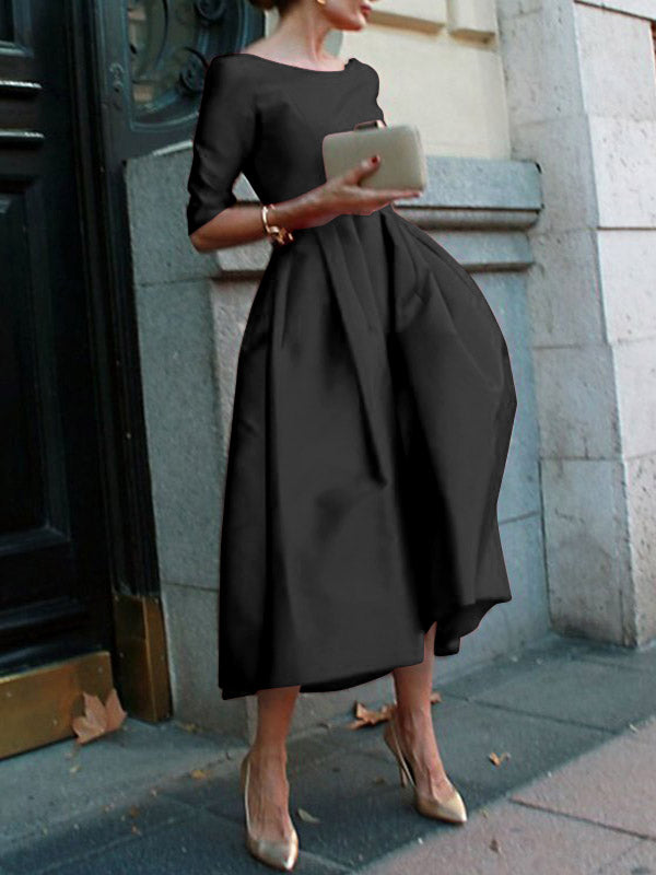 Olivia Bennet | A-Line Loose Pleated Pockets Solid Color Split-Joint Round-Neck Midi Dresses