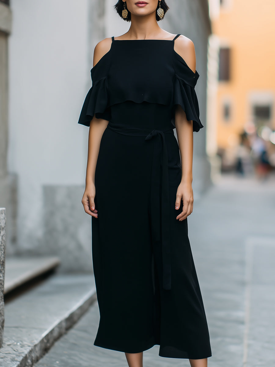 Olivia Bennet | Black Cold-Shoulder Ruffled Chiffon Midi Dress