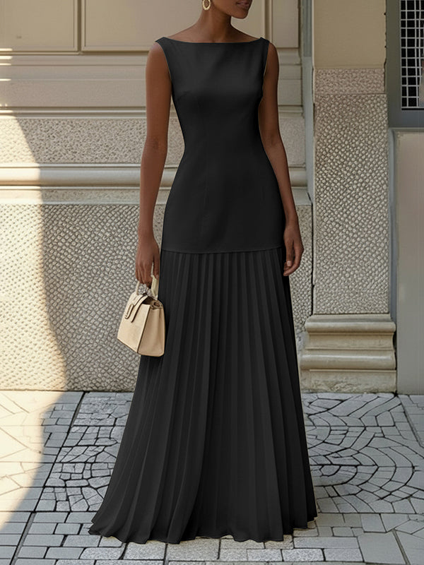 Olivia Bennet | Sleeveless Gauze Pleated Solid Color Split-Joint Boat Neck Evening Dresses Maxi Dresses