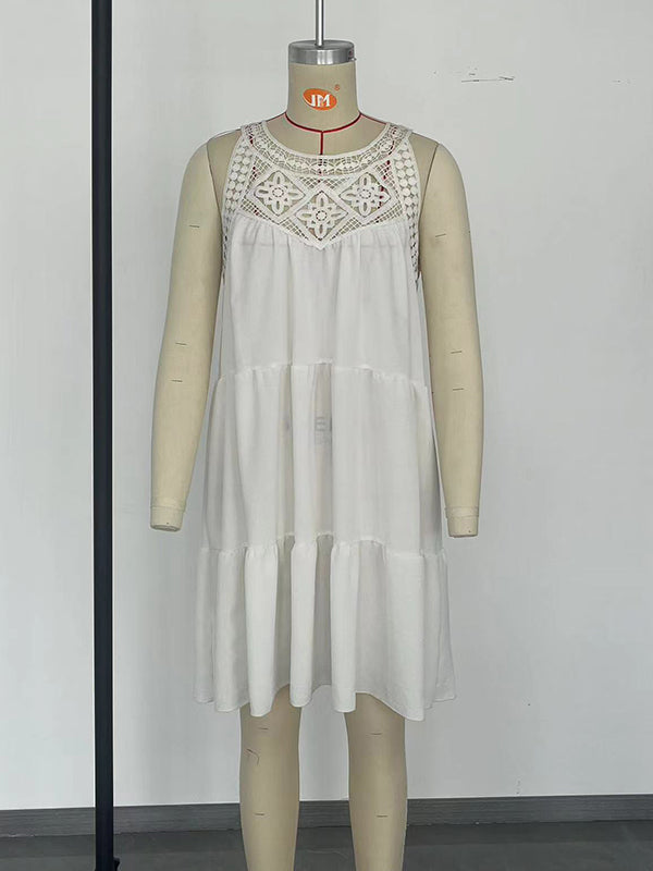 Olivia Bennet | A-Line Loose Hollow Pleated Solid Color Split-Joint Round-Neck Mini Dresses