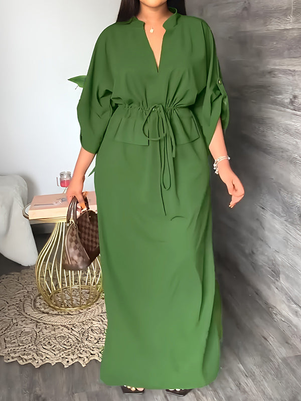 Olivia Bennet | Loose Drawstring Solid Color Split-Side V-Neck Maxi Dresses