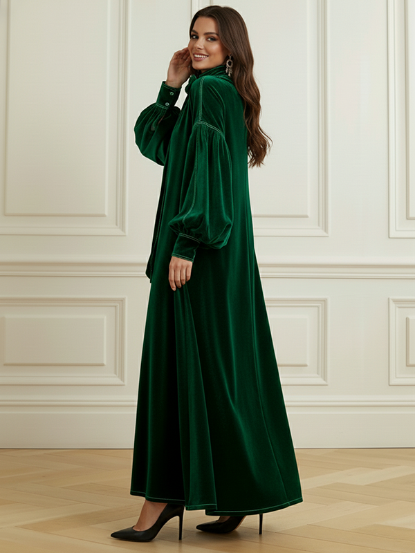 Olivia Bennet | A-Line Long Sleeves Bow-Embellished Pleated Solid Color Split-Joint High Neck Maxi Dresses