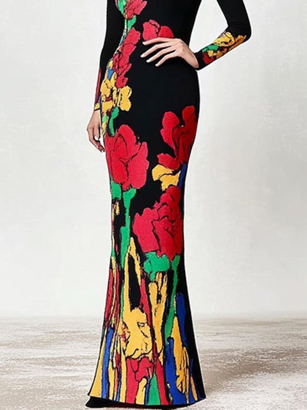 Olivia Bennet | Skinny Flower Print Multi-Colored High Neck Maxi Dresses