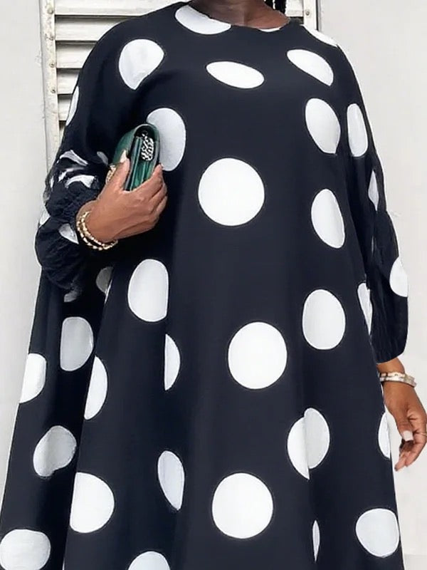 Olivia Bennet | Long Sleeves Loose Contrast Color Polka-Dot Round-Neck Maxi Dresses