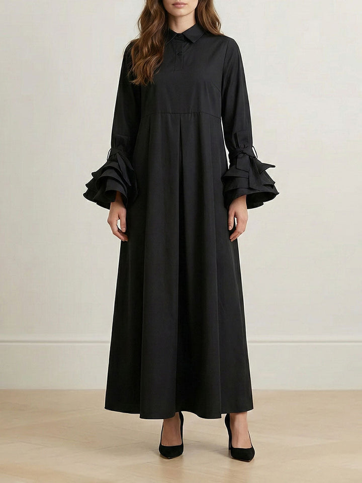 Olivia Bennet | Flared Sleeves Pleated Solid Color Split-Joint Lapel Maxi Dresses Shirt Dress