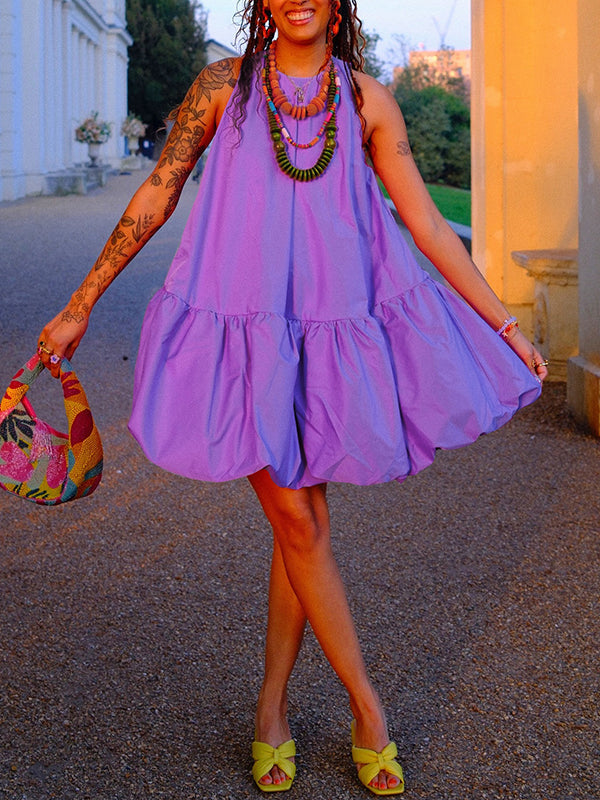 Olivia Bennet | High Waisted Loose Pleated Solid Color Round-Neck Mini Dresses