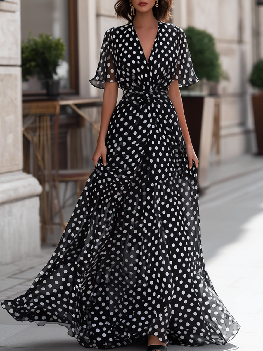 Olivia Bennet | Polka Dot Chiffon V-Neck Maxi Dress