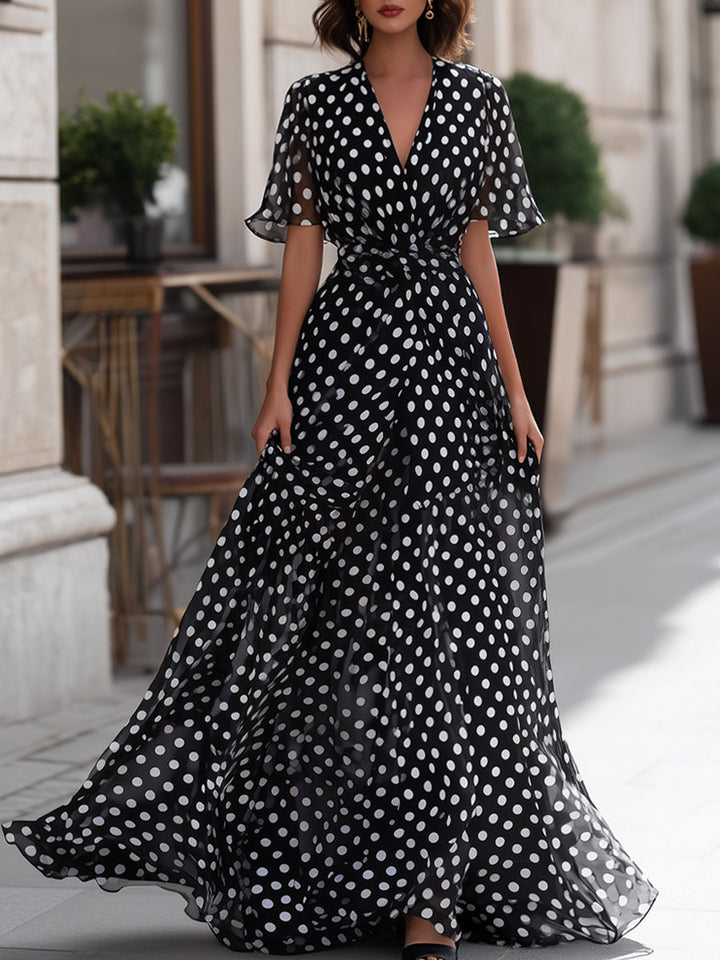 Olivia Bennet | Polka Dot Chiffon V-Neck Maxi Dress