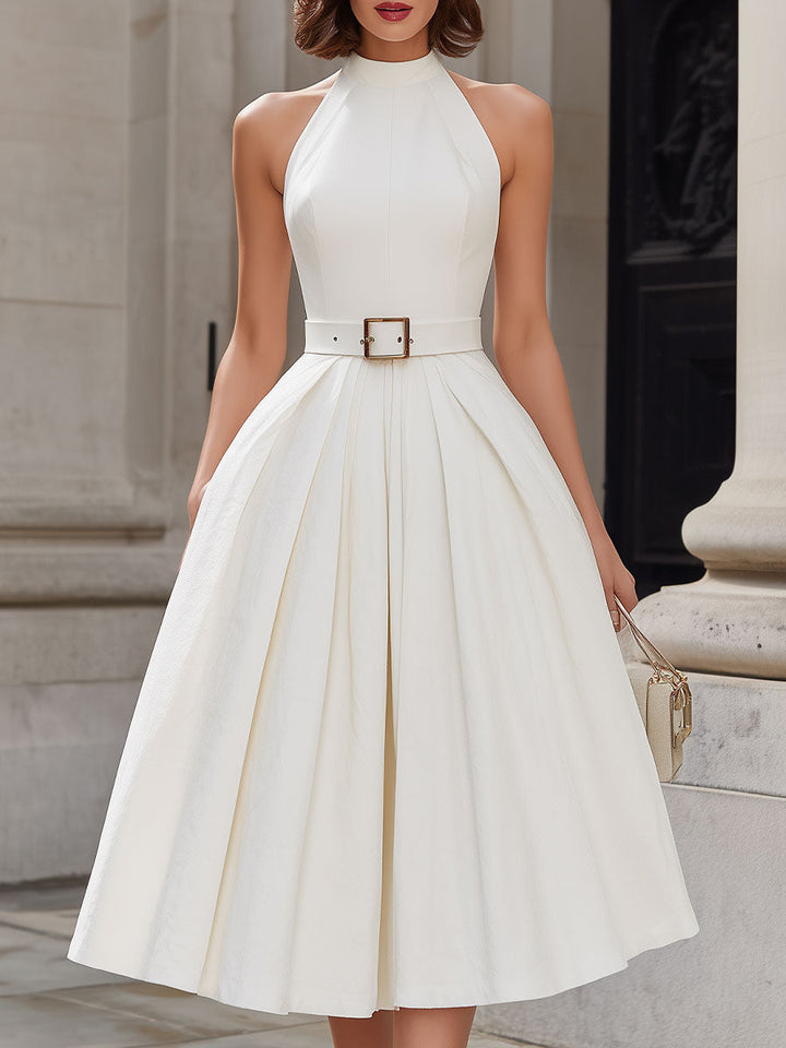 Olivia Bennet | Ivory Halter-Neck Pleated Midi Dress