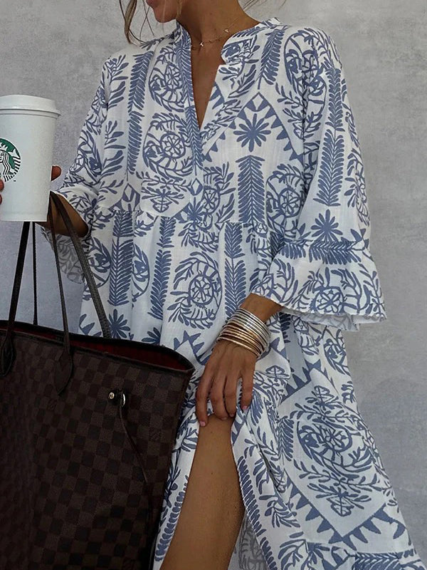 Olivia Bennet | Loose Three-Quarter Sleeves Falbala Printed V-Neck Midi Dresses