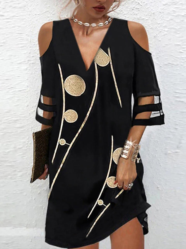 Olivia Bennet | Half Sleeves Loose Hollow Mesh Polka-Dot Printed Split-Joint Cold Shoulder Mini Dresses