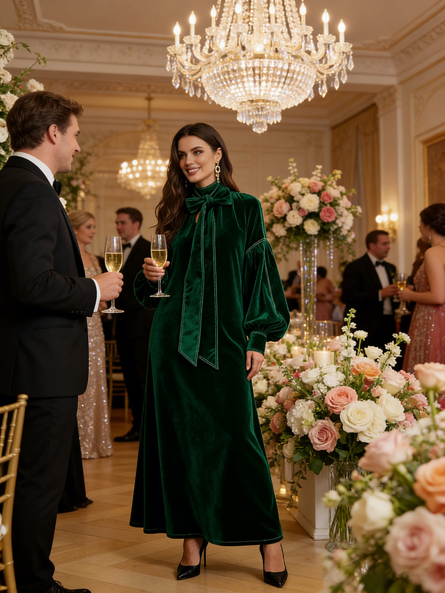 Olivia Bennet | A-Line Long Sleeves Bow-Embellished Pleated Solid Color Split-Joint High Neck Maxi Dresses
