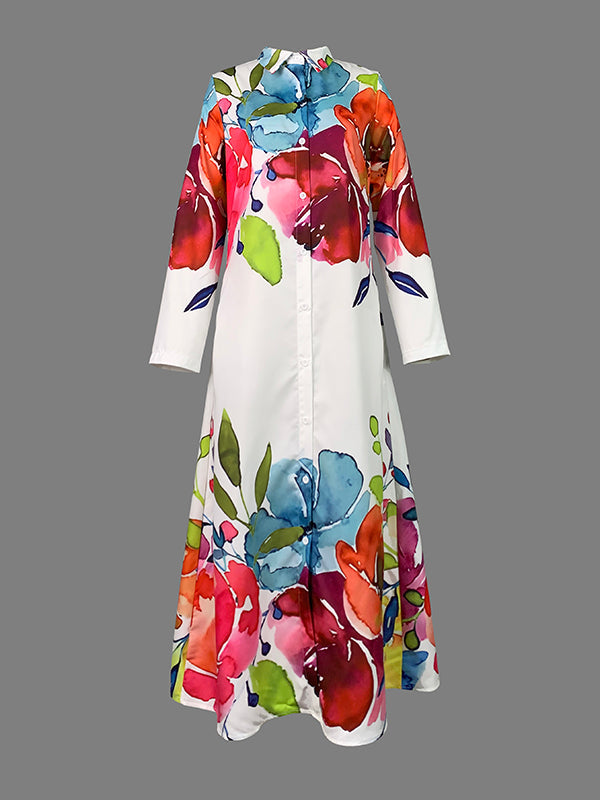 Olivia Bennet | Long Sleeves Loose Buttoned Flower Print Lapel Maxi Dresses Shirt Dress