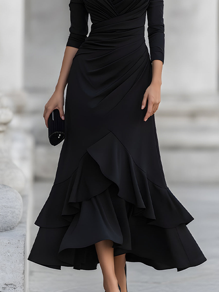 Olivia Bennet | One-Shoulder Ruched Asymmetric Ruffle Hem Maxi Dress