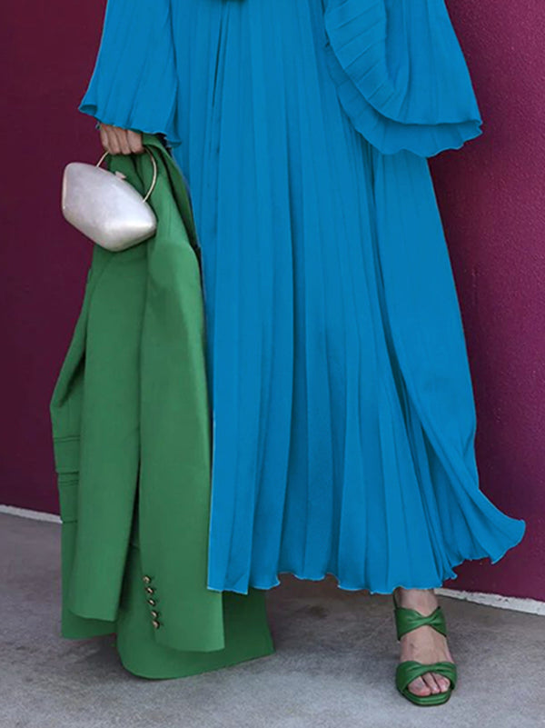 Olivia Bennet | Flared Sleeves Loose Pleated Ruffled Solid Color Split-Joint High Neck Maxi Dresses