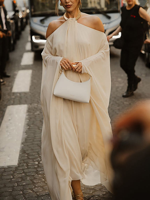 Olivia Bennet | Long Sleeves Loose Solid Color Halter-Neck Maxi Dresses
