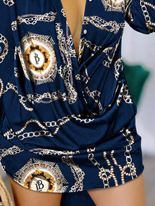 Olivia Bennet | Long Sleeves Loose Figure Printed Lapel Mini Dresses Shirt Dress