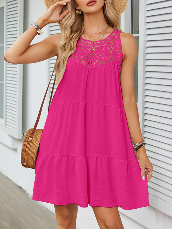 Olivia Bennet | A-Line Loose Hollow Pleated Solid Color Split-Joint Round-Neck Mini Dresses