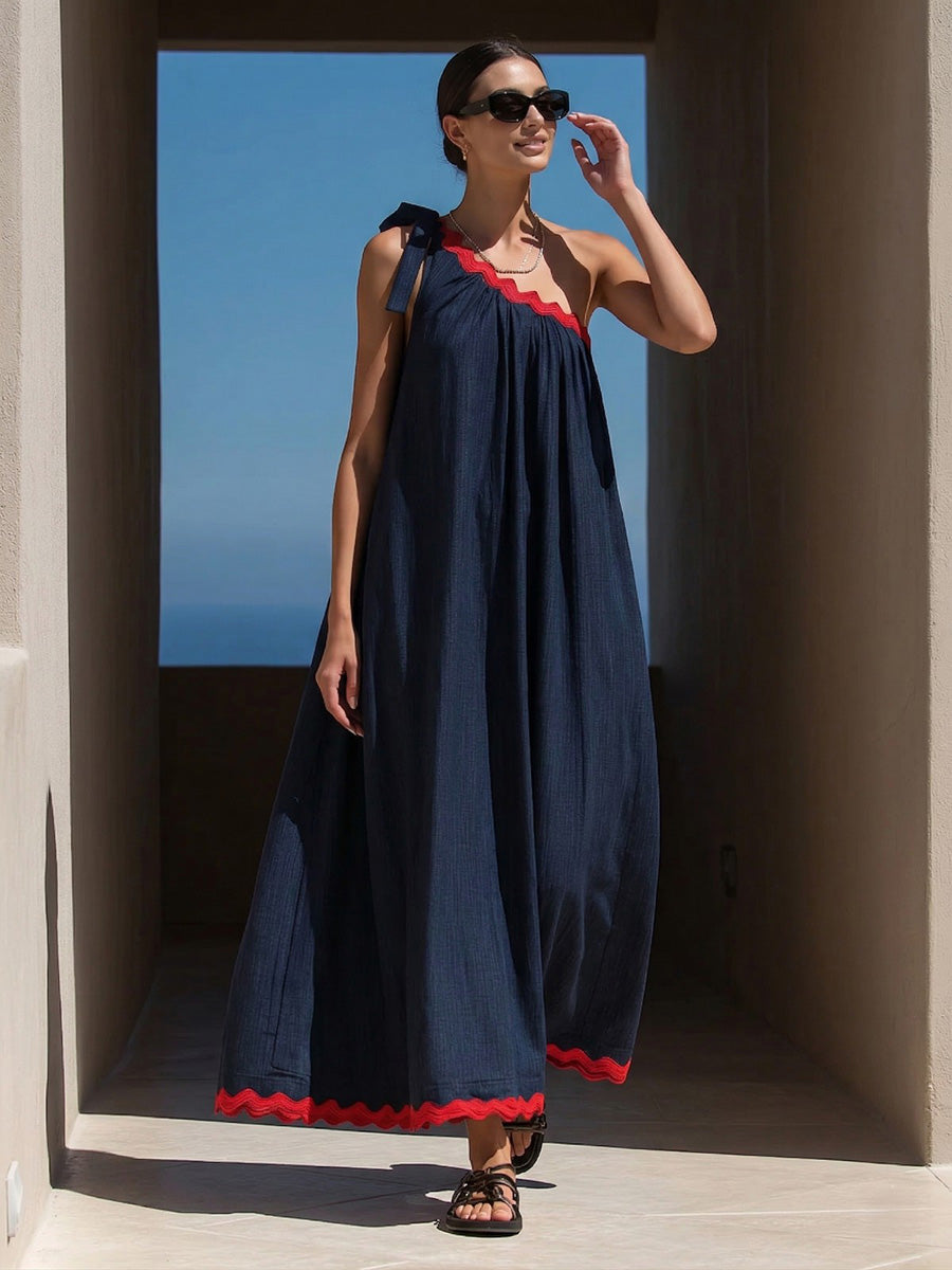 Olivia Bennet | A-Line Loose Pleated Pockets Split-Joint Tied One-Shoulder Maxi Dresses
