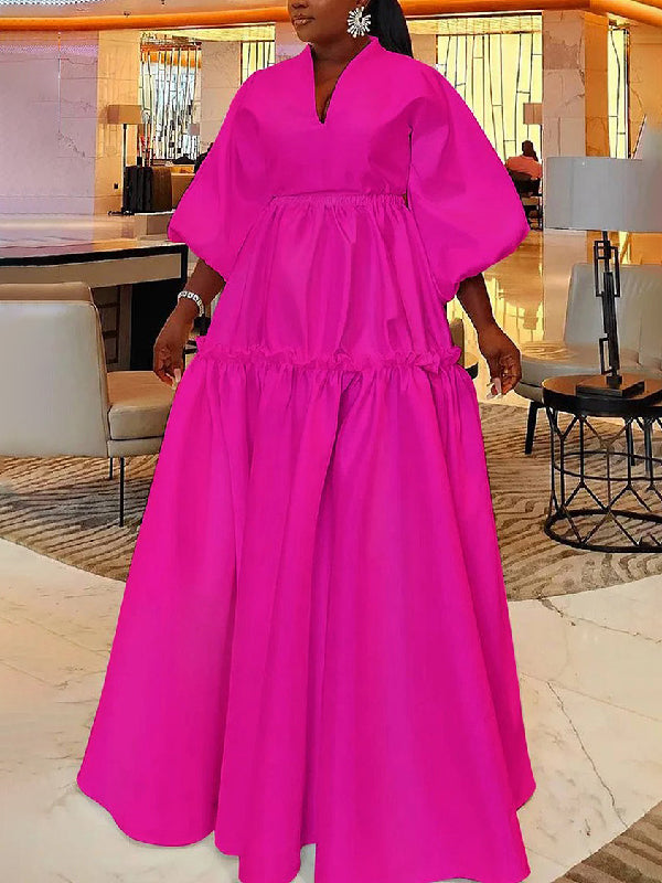 Olivia Bennet | High Waisted Puff Sleeves Falbala Solid Color V-Neck Maxi Dresses