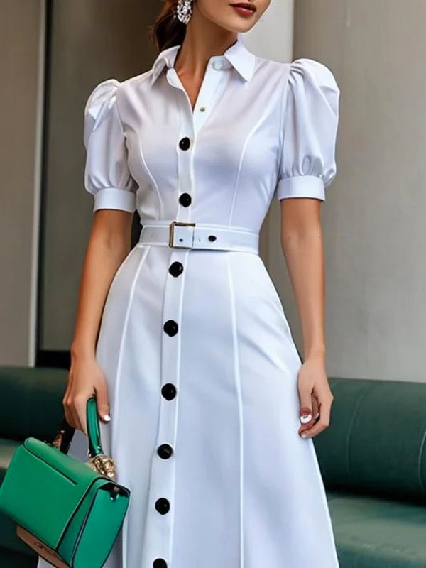 Olivia Bennet | Puff Sleeves Short Sleeves Belted Buttoned Solid Color Lapel Maxi Dresses Shirt Dress
