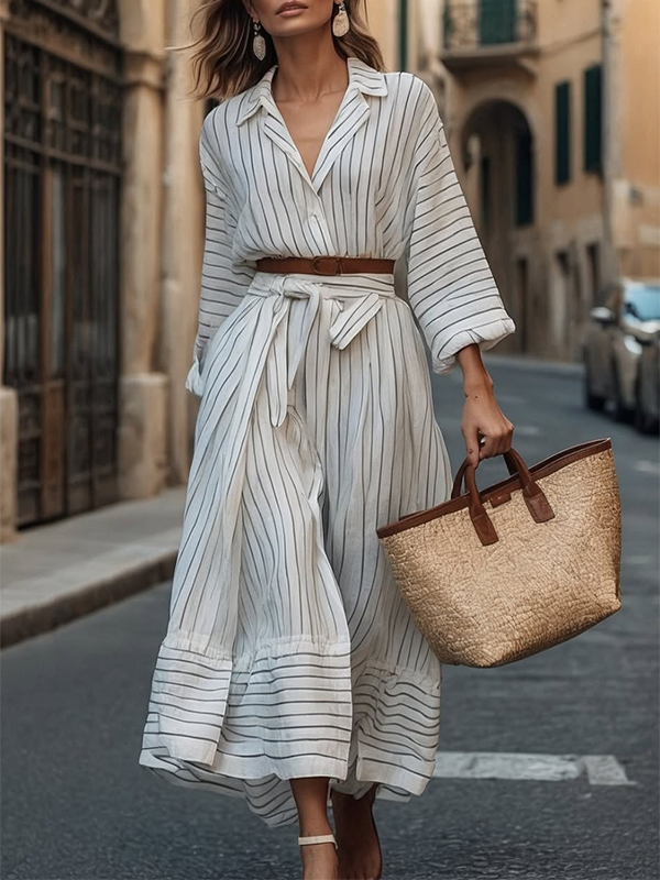 Olivia Bennet | Long Sleeves Loose Belted Buttoned Striped Notched Collar Midi Dresses Shirt Dress